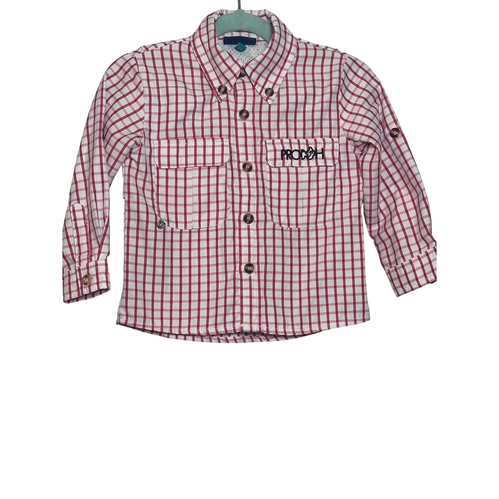 PRODOH Kids Red White Plaid Long Sleeve‎ Button Up Shirt Top Size 2T UPF 50+